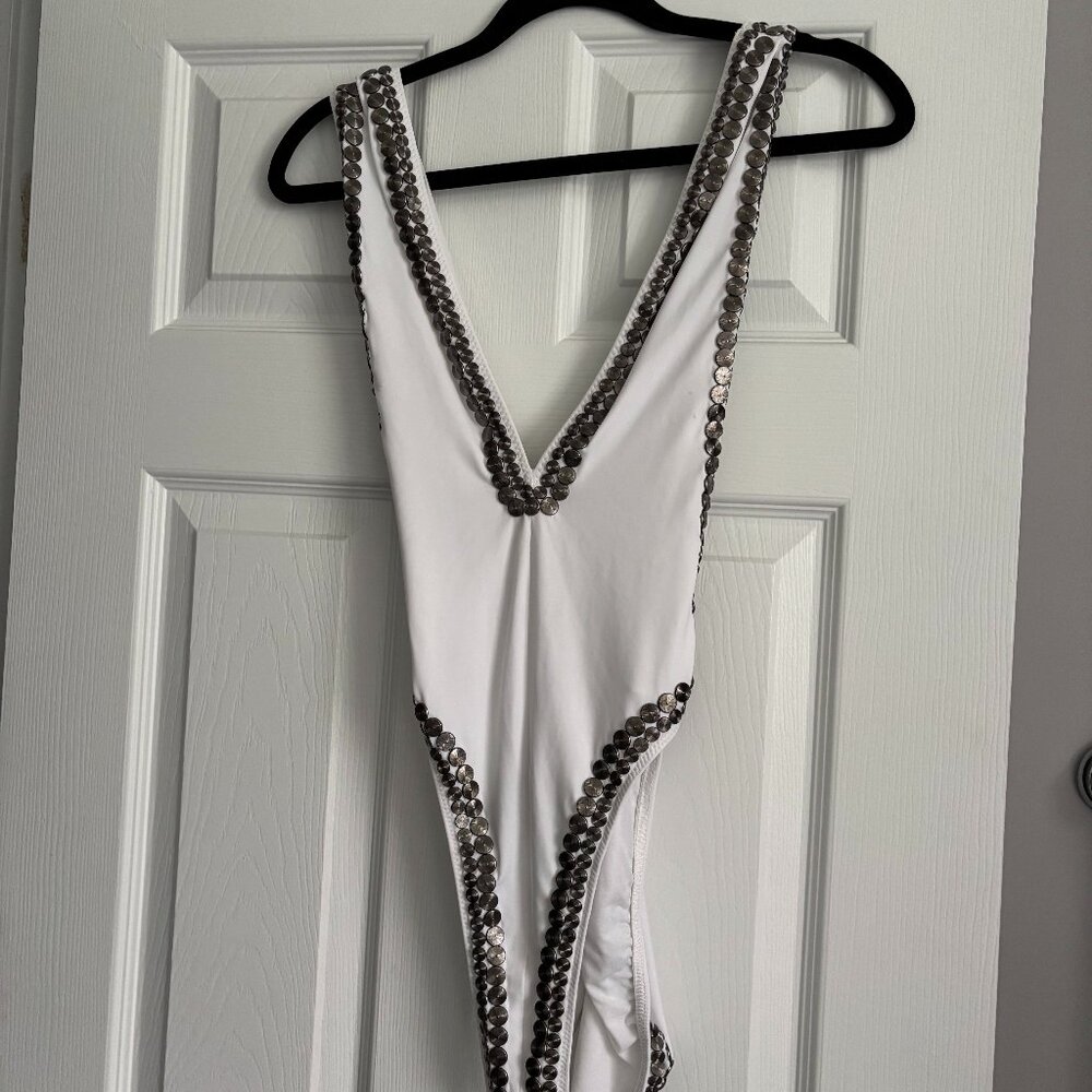 NORMA KAMALI White Gunmetal Stud V Neck Marissa Swimsuit Large